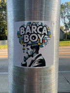 barca boy sticker gaudi thinking slapped on a lamp post